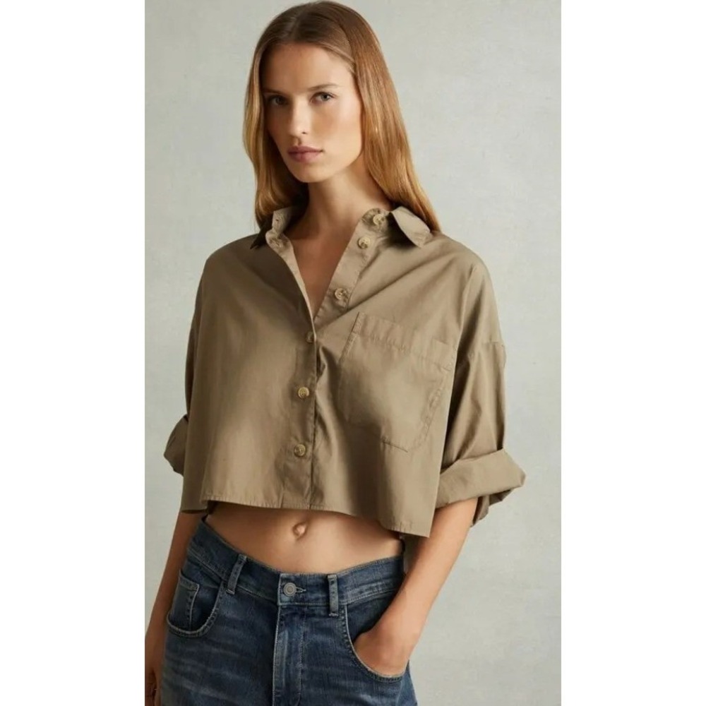 Reiss Cropped Button-Down Shirt in Khaki